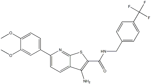 3-amino-6-[3,4-bis(methyloxy)phenyl]-N-{[4-(trifluoromethyl)phenyl]methyl}thieno[2,3-b]pyridine-2-carboxamide Struktur