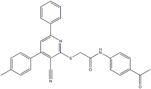 N-(4-acetylphenyl)-2-{[3-cyano-4-(4-methylphenyl)-6-phenyl-2-pyridinyl]sulfanyl}acetamide Struktur