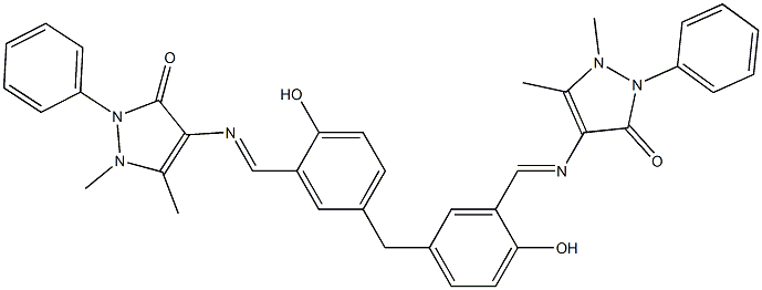 4-{[5-(3-{[(1,5-dimethyl-3-oxo-2-phenyl-2,3-dihydro-1H-pyrazol-4-yl)imino]methyl}-4-hydroxybenzyl)-2-hydroxybenzylidene]amino}-1,5-dimethyl-2-phenyl-1,2-dihydro-3H-pyrazol-3-one Struktur