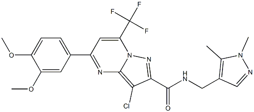 3-chloro-5-(3,4-dimethoxyphenyl)-N-[(1,5-dimethyl-1H-pyrazol-4-yl)methyl]-7-(trifluoromethyl)pyrazolo[1,5-a]pyrimidine-2-carboxamide Struktur