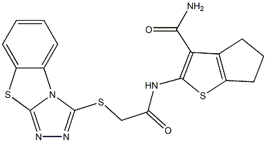 2-{[([1,2,4]triazolo[3,4-b][1,3]benzothiazol-3-ylsulfanyl)acetyl]amino}-5,6-dihydro-4H-cyclopenta[b]thiophene-3-carboxamide Struktur