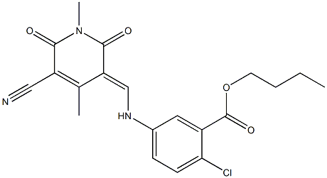 butyl 2-chloro-5-{[(5-cyano-1,4-dimethyl-2,6-dioxo-1,6-dihydro-3(2H)-pyridinylidene)methyl]amino}benzoate Struktur