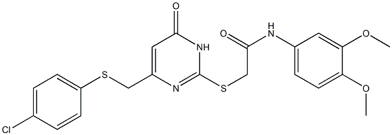 2-[(4-{[(4-chlorophenyl)sulfanyl]methyl}-6-oxo-1,6-dihydro-2-pyrimidinyl)sulfanyl]-N-(3,4-dimethoxyphenyl)acetamide Struktur