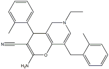 2-amino-6-ethyl-8-(2-methylbenzyl)-4-(2-methylphenyl)-5,6-dihydro-4H-pyrano[3,2-c]pyridine-3-carbonitrile Struktur