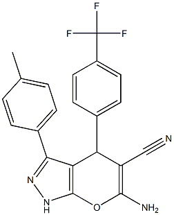 6-amino-3-(4-methylphenyl)-4-[4-(trifluoromethyl)phenyl]-1,4-dihydropyrano[2,3-c]pyrazole-5-carbonitrile Struktur