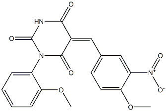 5-{3-nitro-4-methoxybenzylidene}-1-(2-methoxyphenyl)-2,4,6(1H,3H,5H)-pyrimidinetrione Struktur