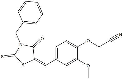 {4-[(3-benzyl-4-oxo-2-thioxo-1,3-thiazolidin-5-ylidene)methyl]-2-methoxyphenoxy}acetonitrile Struktur