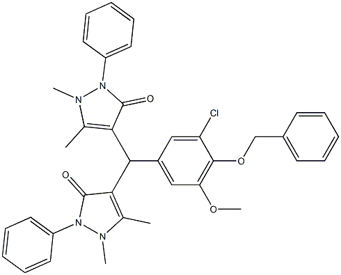 4-[[4-(benzyloxy)-3-chloro-5-methoxyphenyl](1,5-dimethyl-3-oxo-2-phenyl-2,3-dihydro-1H-pyrazol-4-yl)methyl]-1,5-dimethyl-2-phenyl-1,2-dihydro-3H-pyrazol-3-one Struktur