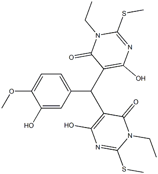 3-ethyl-5-[[1-ethyl-4-hydroxy-2-(methylsulfanyl)-6-oxo-1,6-dihydro-5-pyrimidinyl](3-hydroxy-4-methoxyphenyl)methyl]-6-hydroxy-2-(methylsulfanyl)-4(3H)-pyrimidinone Struktur