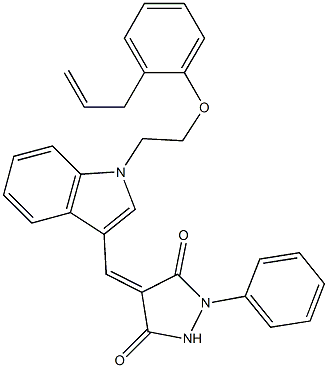 4-({1-[2-(2-allylphenoxy)ethyl]-1H-indol-3-yl}methylene)-1-phenyl-3,5-pyrazolidinedione Struktur