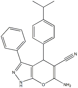 6-amino-4-(4-isopropylphenyl)-3-phenyl-1,4-dihydropyrano[2,3-c]pyrazole-5-carbonitrile Struktur