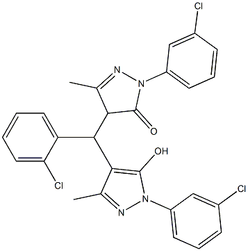 2-(3-chlorophenyl)-4-{(2-chlorophenyl)[1-(3-chlorophenyl)-5-hydroxy-3-methyl-1H-pyrazol-4-yl]methyl}-5-methyl-2,4-dihydro-3H-pyrazol-3-one Struktur