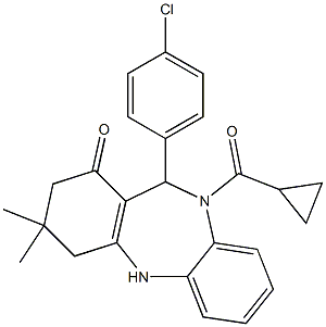 11-(4-chlorophenyl)-10-(cyclopropylcarbonyl)-3,3-dimethyl-2,3,4,5,10,11-hexahydro-1H-dibenzo[b,e][1,4]diazepin-1-one Struktur