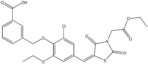 3-[(2-chloro-6-ethoxy-4-{[3-(2-ethoxy-2-oxoethyl)-2,4-dioxo-1,3-thiazolidin-5-ylidene]methyl}phenoxy)methyl]benzoic acid Struktur