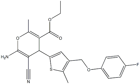 ethyl 6-amino-5-cyano-4-{4-[(4-fluorophenoxy)methyl]-5-methyl-2-thienyl}-2-methyl-4H-pyran-3-carboxylate Struktur