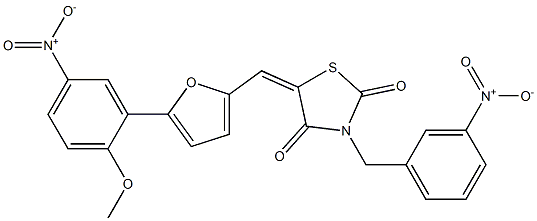 3-{3-nitrobenzyl}-5-[(5-{5-nitro-2-methoxyphenyl}-2-furyl)methylene]-1,3-thiazolidine-2,4-dione Struktur