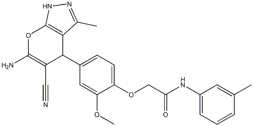 2-[4-(6-amino-5-cyano-3-methyl-1,4-dihydropyrano[2,3-c]pyrazol-4-yl)-2-methoxyphenoxy]-N-(3-methylphenyl)acetamide Struktur