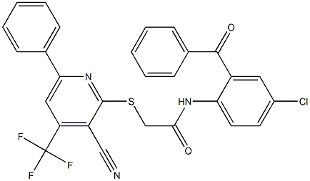 N-(2-benzoyl-4-chlorophenyl)-2-{[3-cyano-6-phenyl-4-(trifluoromethyl)-2-pyridinyl]sulfanyl}acetamide Struktur