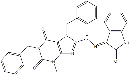 1,7-dibenzyl-3-methyl-8-[2-(2-oxo-1,2-dihydro-3H-indol-3-ylidene)hydrazino]-3,7-dihydro-1H-purine-2,6-dione Struktur