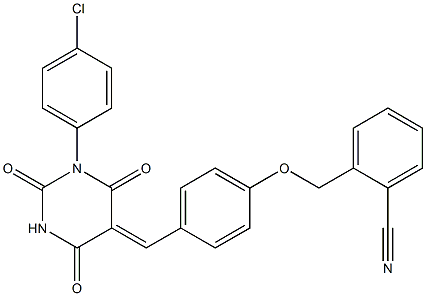 2-({4-[(1-(4-chlorophenyl)-2,4,6-trioxotetrahydro-5(2H)-pyrimidinylidene)methyl]phenoxy}methyl)benzonitrile Struktur