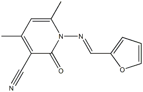 1-{[(E)-2-furylmethylidene]amino}-4,6-dimethyl-2-oxo-1,2-dihydro-3-pyridinecarbonitrile Struktur