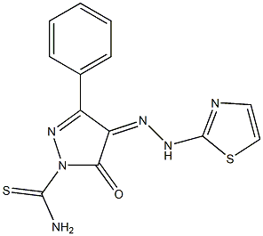 5-oxo-3-phenyl-4-[(Z)-2-(1,3-thiazol-2-yl)hydrazono]-1H-pyrazole-1(5H)-carbothioamide Struktur