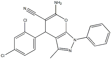 6-amino-4-(2,4-dichlorophenyl)-3-methyl-1-phenyl-1,4-dihydropyrano[2,3-c]pyrazole-5-carbonitrile Struktur