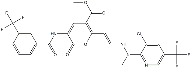 methyl 6-((E)-2-{2-[3-chloro-5-(trifluoromethyl)-2-pyridinyl]-2-methylhydrazino}ethenyl)-2-oxo-3-{[3-(trifluoromethyl)benzoyl]amino}-2H-pyran-5-carboxylate Struktur