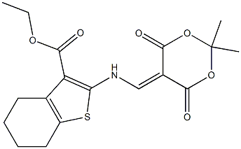 ethyl 2-{[(2,2-dimethyl-4,6-dioxo-1,3-dioxan-5-yliden)methyl]amino}-4,5,6,7-tetrahydro-1-benzothiophene-3-carboxylate Struktur