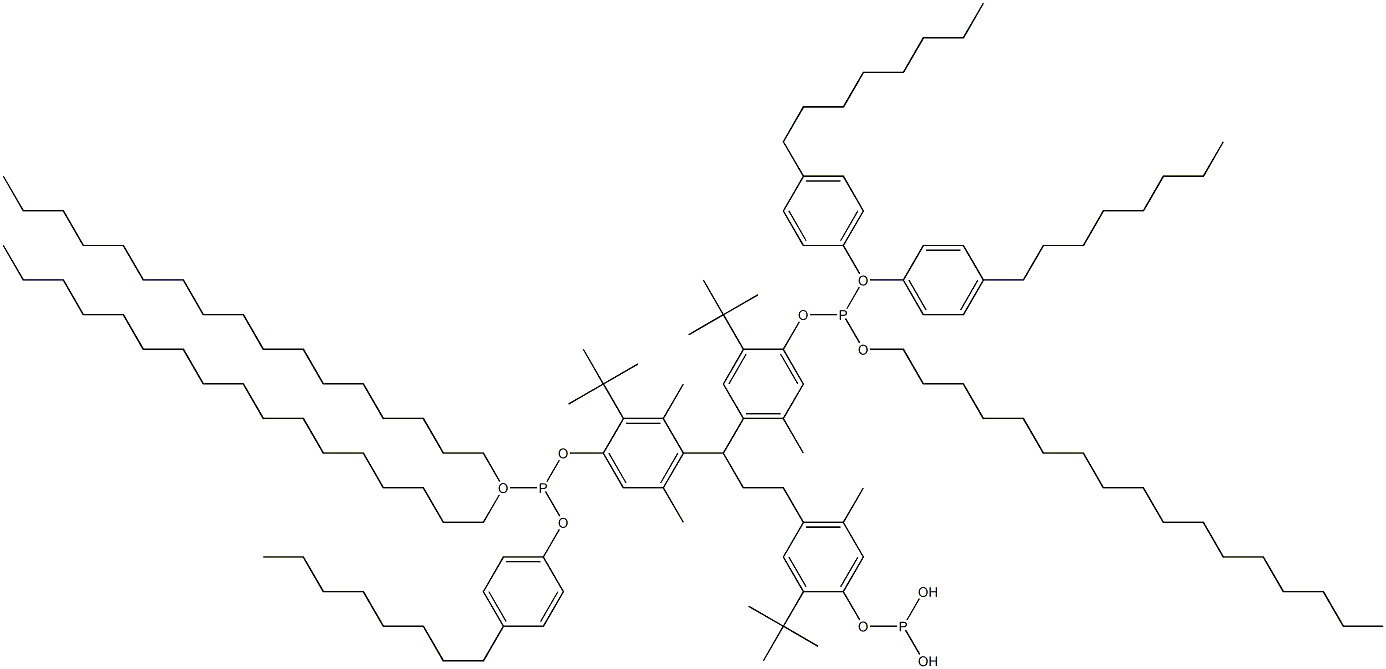 [3-Methyl-1,1,3-propanetriyltris(2-tert-butyl-5-methyl-4,1-phenyleneoxy)]tris(phosphonous acid)O,O',O'-triheptadecyl O,O'',O''-tris(4-octylphenyl) ester Struktur