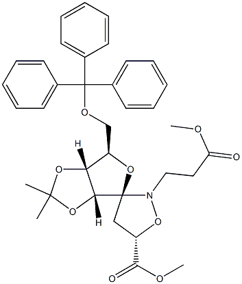 (3S,5S,7R,8R,9R)-8,9-Isopropylidenedioxy-3-methoxycarbonyl-1-[2-(methoxycarbonyl)ethyl]-7-trityloxymethyl-2,6-dioxa-1-azaspiro[4.4]nonane Struktur