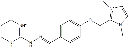 1,3-Dimethyl-2-[4-[2-[[(3,4,5,6-tetrahydropyrimidin)-1-ium]-2-yl]hydrazonomethyl]phenoxymethyl]1H-imidazol-3-ium Struktur