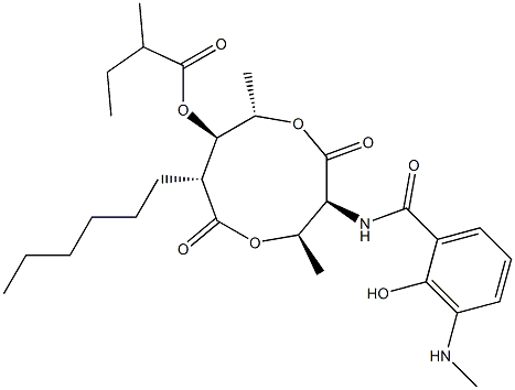 2-Methylbutanoic acid (3S,4R,7R,8R,9S)-3-[(3-methylamino-2-hydroxybenzoyl)amino]-4,9-dimethyl-2,6-dioxo-7-hexyl-1,5-dioxonan-8-yl ester Struktur