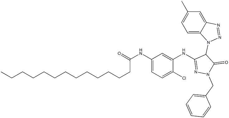 1-Benzyl-3-[2-chloro-5-(tetradecanoylamino)anilino]-4-(5-methyl-1H-benzotriazol-1-yl)-5(4H)-pyrazolone Struktur