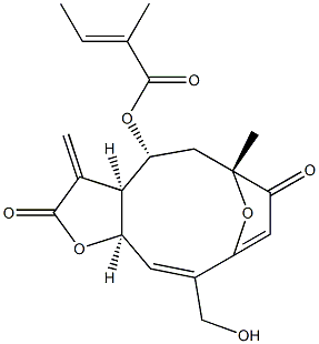 (E)-2-Methyl-2-butenoic acid [(3aR,4R,6R,10Z,11aR)-2,3,3a,4,5,6,7,11a-octahydro-10-hydroxymethyl-6-methyl-3-methylene-2,7-dioxo-6,9-epoxycyclodeca[b]furan]-4-yl ester Struktur