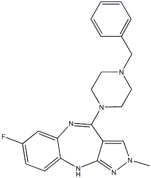 2-Methyl-4-(4-benzylpiperazin-1-yl)-7-fluoro-2,10-dihydropyrazolo[3,4-b][1,5]benzodiazepine Struktur