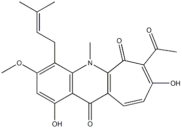 7-Acetyl-1,8-dihydroxy-3-methoxy-5-methyl-4-(3-methyl-2-butenyl)-5H-cyclohepta[b]quinoline-6,11-dione Struktur