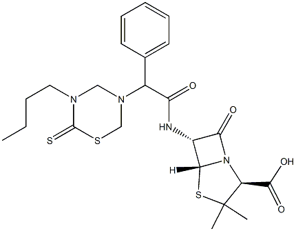 6-[2-Phenyl-2-[(3-butyl-2-thioxo-3,4,5,6-tetrahydro-2H-1,3,5-thiadiazin)-5-yl]acetylamino]penicillanic acid Struktur