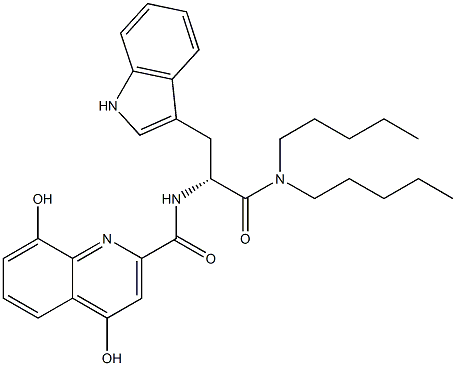 (R)-2-(4,8-Dihydroxy-2-quinolinylcarbonylamino)-3-(1H-indol-3-yl)-N,N-dipentylpropanamide Struktur