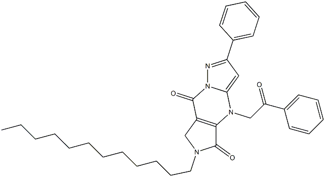 6,7-Dihydro-6-dodecyl-4-(2-oxo-2-phenylethyl)-2-phenyl-4H-1,4,6,8a-tetraaza-s-indacene-5,8-dione Struktur