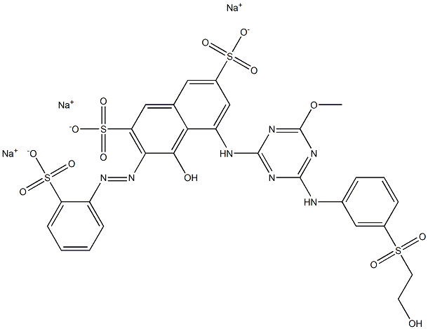 4-Hydroxy-5-[4-[m-(2-hydroxyethylsulfonyl)anilino]-6-methoxy-1,3,5-triazin-2-ylamino]-3-(o-sulfophenylazo)-2,7-naphthalenedisulfonic acid trisodium salt Struktur