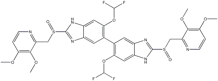 6,6'-bis(difluoroMethoxy)-2,2'-bis[[(3,4-diMethoxypyridin-2-yl)Methyl]sulfinyl]-1H,1'H-5,5'-bibenziMidazolyl Struktur