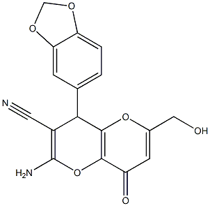 2-amino-4-(1,3-benzodioxol-5-yl)-6-(hydroxymethyl)-8-oxo-4,8-dihydropyrano[3,2-b]pyran-3-carbonitrile Struktur