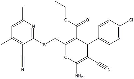 ethyl 6-amino-4-(4-chlorophenyl)-5-cyano-2-{[(3-cyano-4,6-dimethyl-2-pyridinyl)sulfanyl]methyl}-4H-pyran-3-carboxylate Struktur