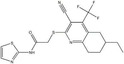 2-{[3-cyano-6-ethyl-4-(trifluoromethyl)-5,6,7,8-tetrahydro-2-quinolinyl]sulfanyl}-N-(1,3-thiazol-2-yl)acetamide Struktur