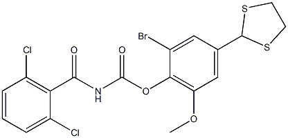 2-bromo-4-(1,3-dithiolan-2-yl)-6-methoxyphenyl N-(2,6-dichlorobenzoyl)carbamate Struktur