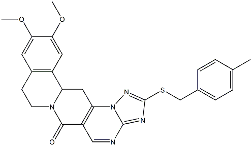 11,12-dimethoxy-2-[(4-methylbenzyl)sulfanyl]-8,9,13b,14-tetrahydro-6H-[1,2,4]triazolo[5'',1'':2',3']pyrimido[4',5':4,5]pyrido[2,1-a]isoquinolin-6-one Struktur