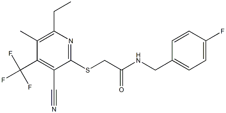 2-{[3-cyano-6-ethyl-5-methyl-4-(trifluoromethyl)-2-pyridinyl]sulfanyl}-N-(4-fluorobenzyl)acetamide Struktur