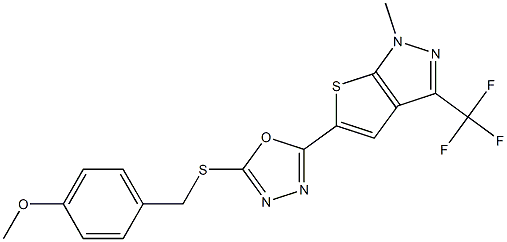 5-{5-[(4-methoxybenzyl)sulfanyl]-1,3,4-oxadiazol-2-yl}-1-methyl-3-(trifluoromethyl)-1H-thieno[2,3-c]pyrazole Struktur