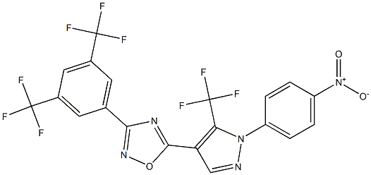 3-[3,5-di(trifluoromethyl)phenyl]-5-[1-(4-nitrophenyl)-5-(trifluoromethyl)-1H-pyrazol-4-yl]-1,2,4-oxadiazole Struktur